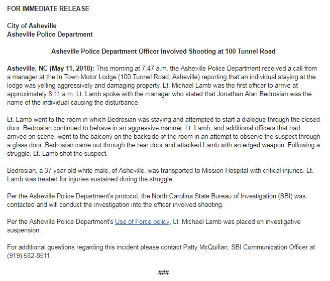 Additional information released on the officer involved shooting which occurred this morning at the In Town Motor Lodge (100 Tunnel Rd.)
