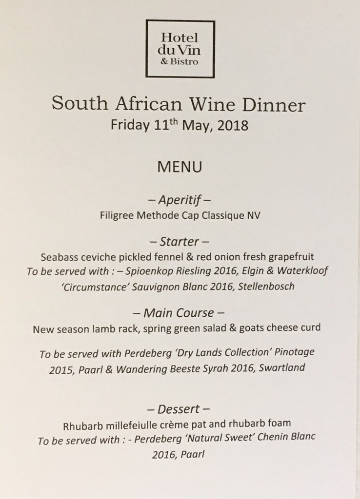 WilkinsonMS's tweet photo. Looking forward to tonight’s ‘South African Wine Dinner’ at Hotel du Vin Winchester. With wines from Waterkloof, Spioenkop, Perdeberg and Boutinot SA. @HdV_Winchester @BoutinotWines https://t.co/tGMjZ3dZ9q
