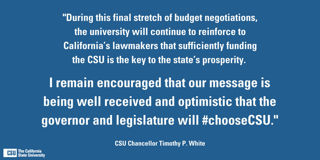 calstate's tweet photo. See Chancellor White's full statement regarding Governor Brown's May Budget Revision here: https://t.co/P3zcZVGz8B. #ChooseCSU https://t.co/Es5I00aHaP