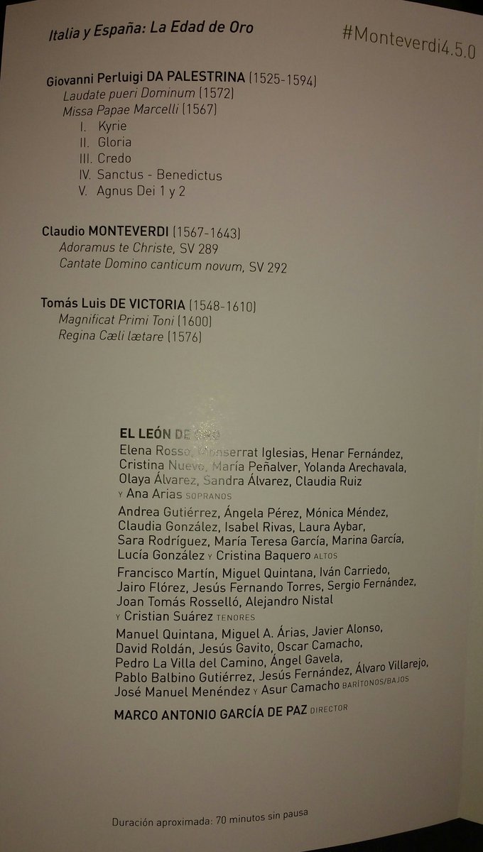 elcriticorn's tweet photo. Orgulloso de ver al @elleondeoroLDO @MarcoeLeonDeOro sobre el escenario del Auditorio de León, nada menos que en la programación del @cndm_inaem. Un programa impresionante con varias de las mejores obras corales de la historia. #Monteverdi450. https://t.co/N7eofBQB2F