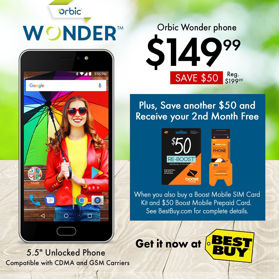 OrbicProducts's tweet photo. Save an additional $50 and Get Your 2nd Month Free When You Buy the Orbic Wonder #smartphone, Boost Mobile SIM Card Kit and $50 Boost Mobile Prepaid Phone Card @BestBuy Online Shop #BoostMobile #BoostNation #phonedeal #Androidphone https://t.co/uKXpqD6rdM https://t.co/fGEJXYskBJ