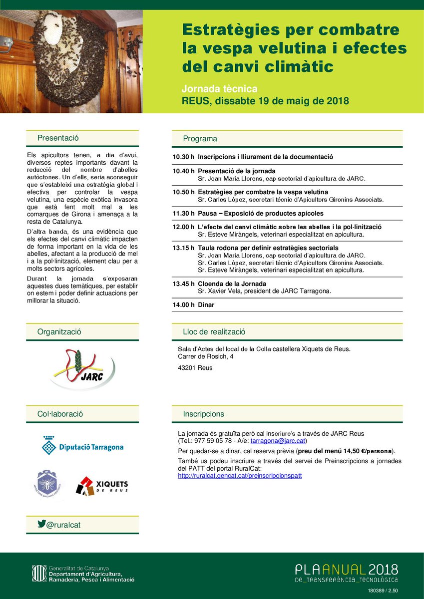 Quins efectes té el canvi climàtic en l'#apicultura? Com es combat la vespa velutina? Vine el 19 de maig a #Reus i t'ho expliquem. Donem suport al #DiaMundialdelesAbelles.
<a href="/agriculturacat/">Agricultura</a> <a href="/Dipta_cat/">Diputació de Tarragona</a> <a href="/xiquets/">Xiquets de Reus</a> <a href="/Apicultors/">Apicultors Reunits</a> <a href="/aea_cat/">AEA - Apicultors</a> <a href="/reusdigitalcat/">Reusdigital.cat</a> <a href="/canalreus/">Canal Reus</a> <a href="/SER_TgnReus/">Cadena SER TGN-Reus</a>