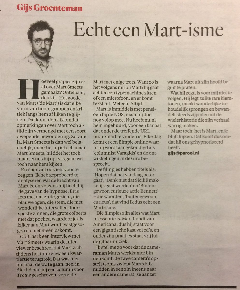 voshans's tweet image. Het is Mart, en je blijft kijken (naar nu.nl/mart). Dat komt dus omdat hij ons gehypnotiseerd heeft.

Héérlijke #deMart-column van @gijgro @parool - ook voor niet-wielerliefhebbers. #Smeets #Giro101 #GiroDItalia
