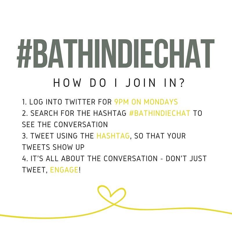 bathindiechat's tweet photo. Don’t forget, next week’s #bathindiechat will be the last one before we take two weeks off so I can go on holiday, so make sure you tune in &amp; get your fix! @volley_design is talking Influences &amp; Inspirations, Monday 9pm! https://t.co/kvS5uZX50a
