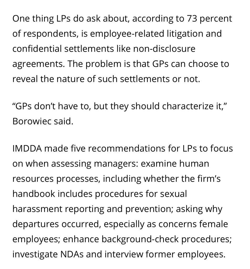 New Buyouts piece from @ChrisWitkowsky highlights how, as LPs begin to tackle sexual harassment issues, non-disclosure agreements can become a roadblock to the due diligence process pehub.com/buyouts/lps-do…