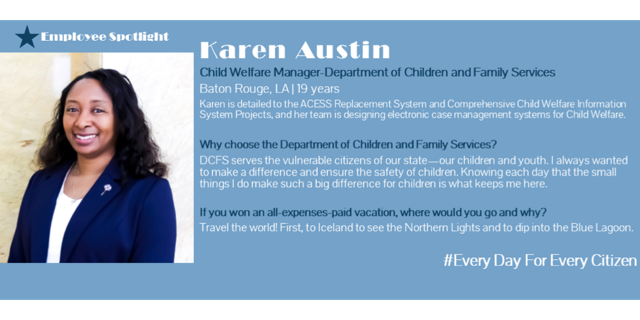 LA_SCS's tweet photo. What a perfect day to spotlight Karen with the Department of Children & Family Services as she makes 19 years with the state today! Thanks for your service! @LouisianaDCFS #SERW2018 #EveryDayForEveryCitizen #lagov https://t.co/qYtzvYWDNb