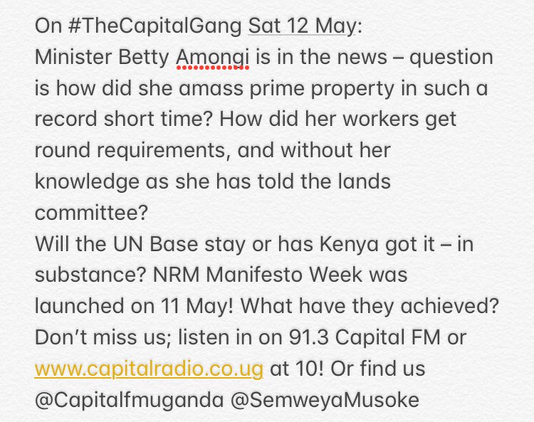 SemweyaMusoke's tweet photo. Don’t Miss #TheCapitalGang tomorrow 10-12pm on @capitalfmuganda #LandProbe @UNinUganda https://t.co/yTRNd1lGaU