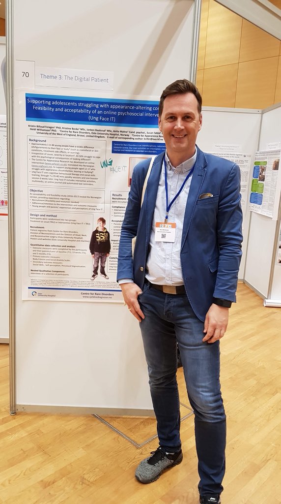 Sjeldne's tweet photo. @ #ECRDVienna 2018: Supporting adolescents struggling with appearance-altering conditions: Feasibility and acceptability of an online psychosocial intervention (Ung Face IT) by @Sjeldendiagnose #RareDisease #BeingDifferent #LookingDifferent #FaceIT https://t.co/UGguBqbv5I