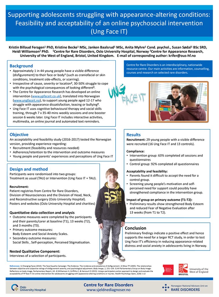 Sjeldne's tweet photo. @ #ECRDVienna 2018: Supporting adolescents struggling with appearance-altering conditions: Feasibility and acceptability of an online psychosocial intervention (Ung Face IT) by @Sjeldendiagnose #RareDisease #BeingDifferent #LookingDifferent #FaceIT https://t.co/UGguBqbv5I