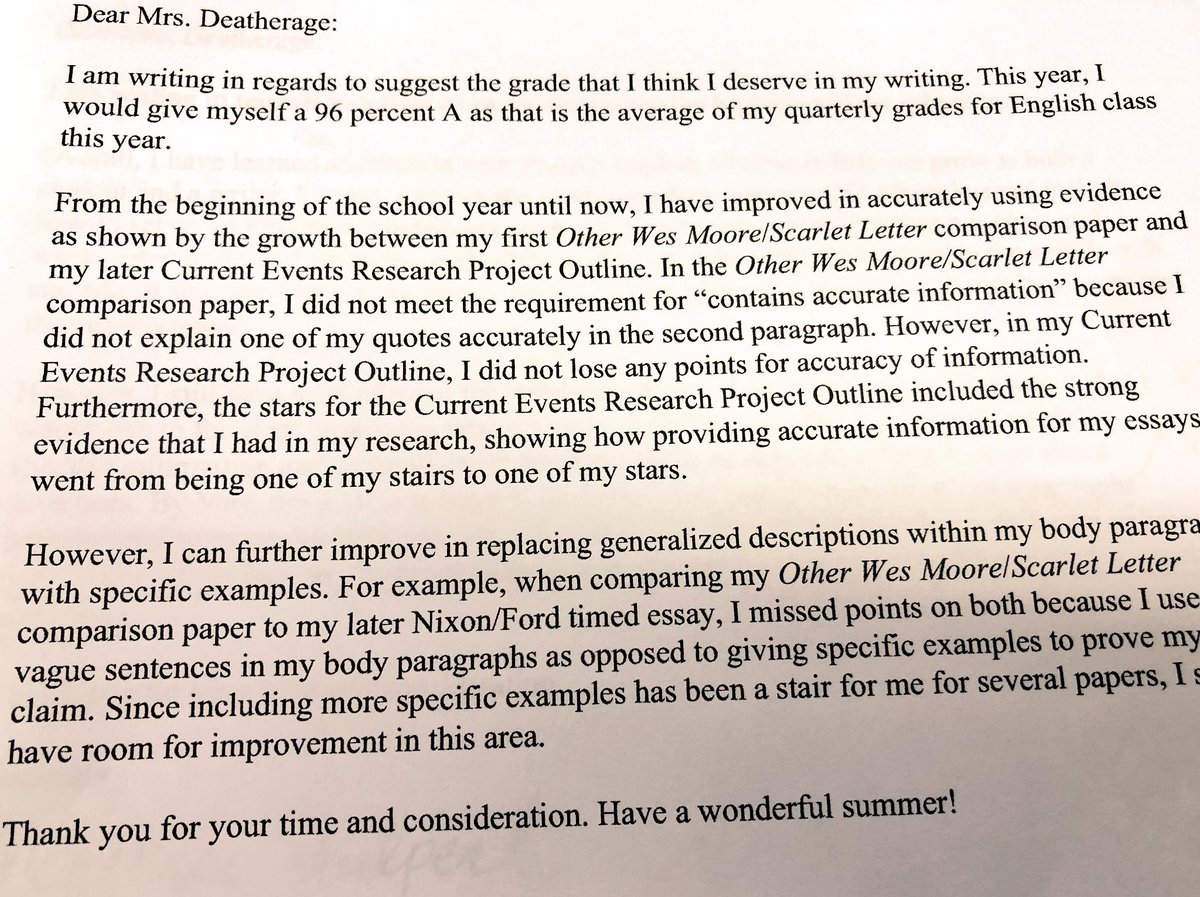 cd_rage's tweet image. One of my favorite projects of the year. Students submit their portfolios and write a business letter explaining the grade they feel they deserve and cite evidence from their own writing to prove their claim. They have great reflections!! #AHSisFAMILY