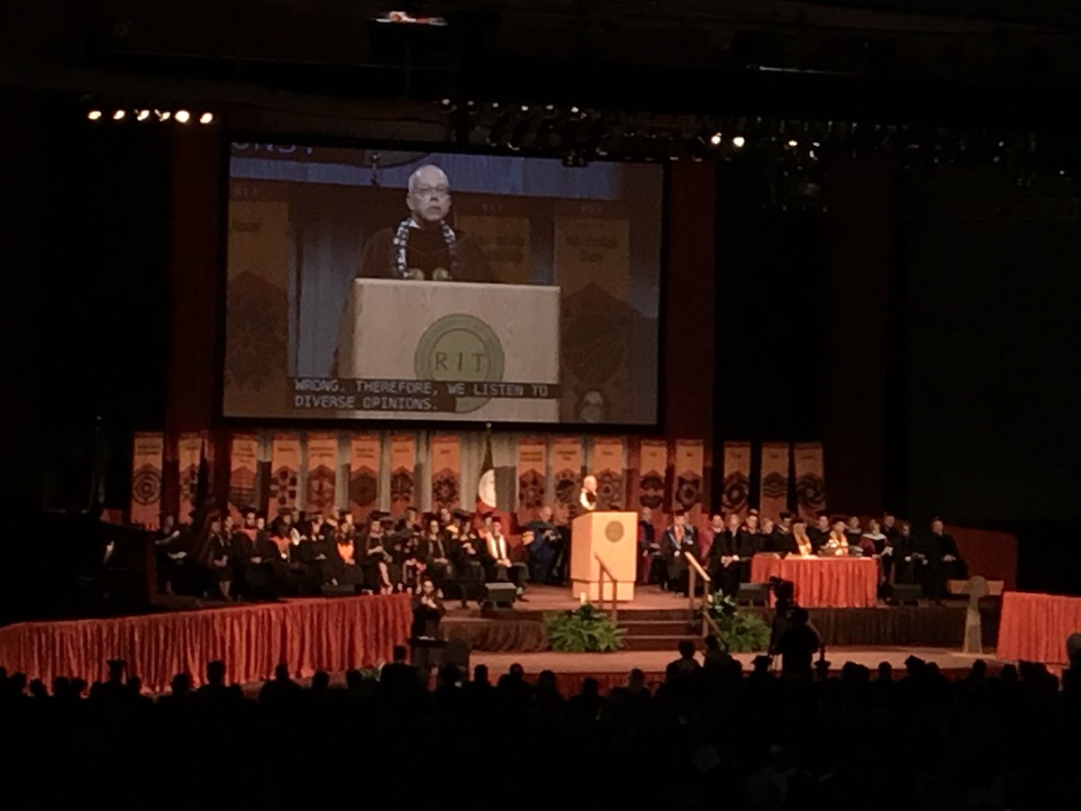 lukeauburn's tweet photo. .@RITPresident Munson asks the graduating #RITstudents to ponder this question: what do you want to do for your community, your country and the world? https://t.co/KhEy28vJm2
