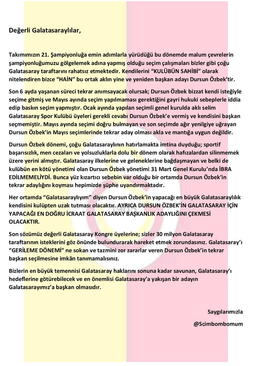 SEÇİM İÇİN HAZIRLADIĞIMIZ DEKLARASYON📢

GALATASARAY'IN GELECEĞİ İÇİN ÖNEMLİ OLAN BU SEÇİMDE BAŞKAN SEÇİLMEMESİ GEREKEN KİŞİ BELLİDİR.

SENİ BAŞKAN YAPTIRMAYACAĞIZ DURSUN ÖZBEK..!

RT YAPALIM VE HASHTAGE KATILALIM.

GS SK ÜYELERİNİ YORUMA TAGLEYİN.

#GalatasaraydanUzakDursunÖzbek