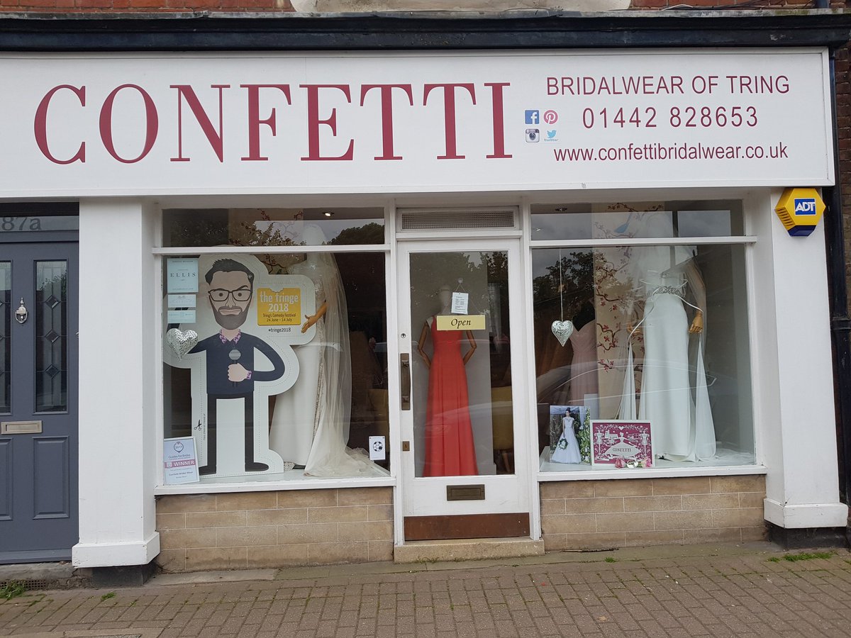 tringefestival's tweet photo. Tring High Street is going Comedy mad! Finally found Marcus Brigstocke having a mooch around in Confetti, the Bridalwear shop. #Tringe2018 
Who will we see next!?
https://t.co/AR5FUjclC7 https://t.co/ckLvhorGU7