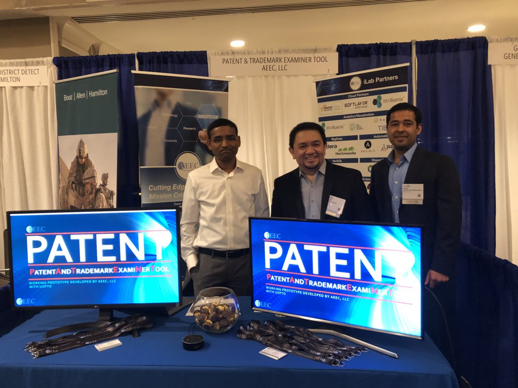 darwinlayog's tweet photo. Stop by booth #2 at the 2018 ACT-IAC Igniting Innovation Awards to learn more about our Patent And Trademark ExamiNer Tool (PATENT) using Machine Learning and Alexa Voice Service https://t.co/iQj4uIkksX