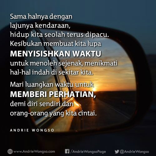 AndrieWongso's tweet photo. Sama halnya dengan lajunya kendaraan, hidup kita seolah terus dipacu. Kesibukan membuat kita lupa menyisihkan waktu untuk menoleh sejenak, menikmati hal-hal indah di sekitar kita. Mari luangkan waktu untuk memberi perhatian, demi diri sendiri &amp; orang-orang yang kita cintai. https://t.co/IJz3W1sXrd