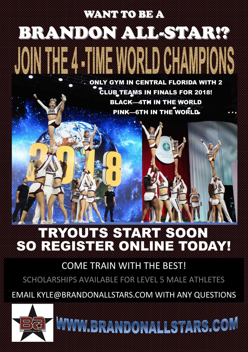 Want to be a Brandon All-star!?

JOIN THE 4-TIME WORLD CHAMPIONS!

Tryouts are right around the corner and it’s not too late register. Email kyle@brandonallstars.com with any questions. 🖤💗🅱️🅰️💪🏼 #BrandonStrong #BAfamily