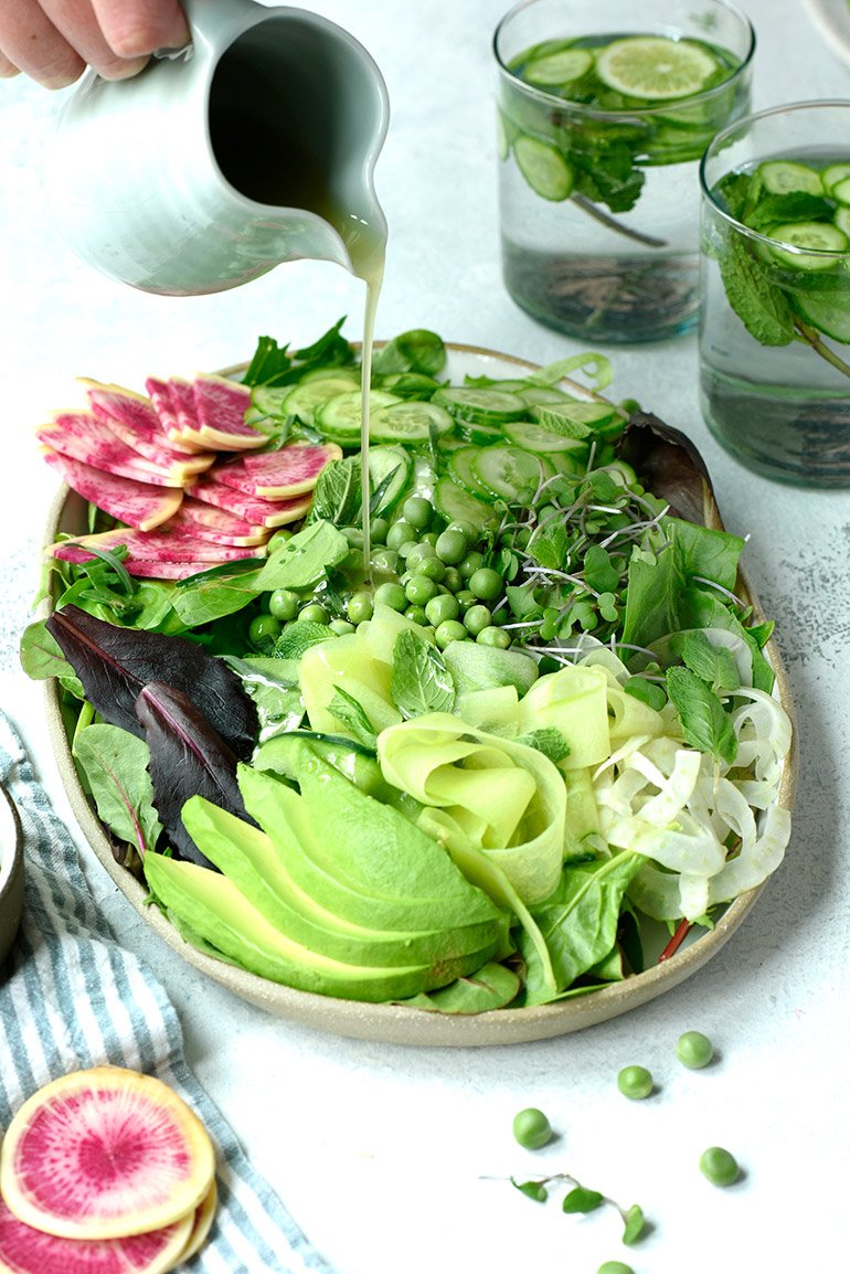 Add this Spring Greens Salad with Tarragon Mint Vinaigrette to your #MothersDay menu! Our friends <a href="/superfoodrunner/">Crowded Kitchen</a> topped our organic #GoToGreens with cucumber (shaved and sliced), watermelon radish, peas, fennel, avocado, fresh mint &amp; tarragon: bit.ly/2I8DZKf