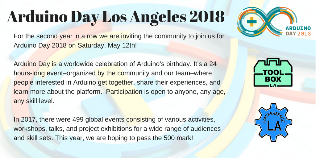HackerSpaceLA's tweet image. Looking for a fun STEM activity for your kids this weekend?
🎟 Get your free ticket: buff.ly/2jofjmh
#arduinoday2018 #arduinoday #ArduinoDayLosAngeles #STEM #FamilyFriendly