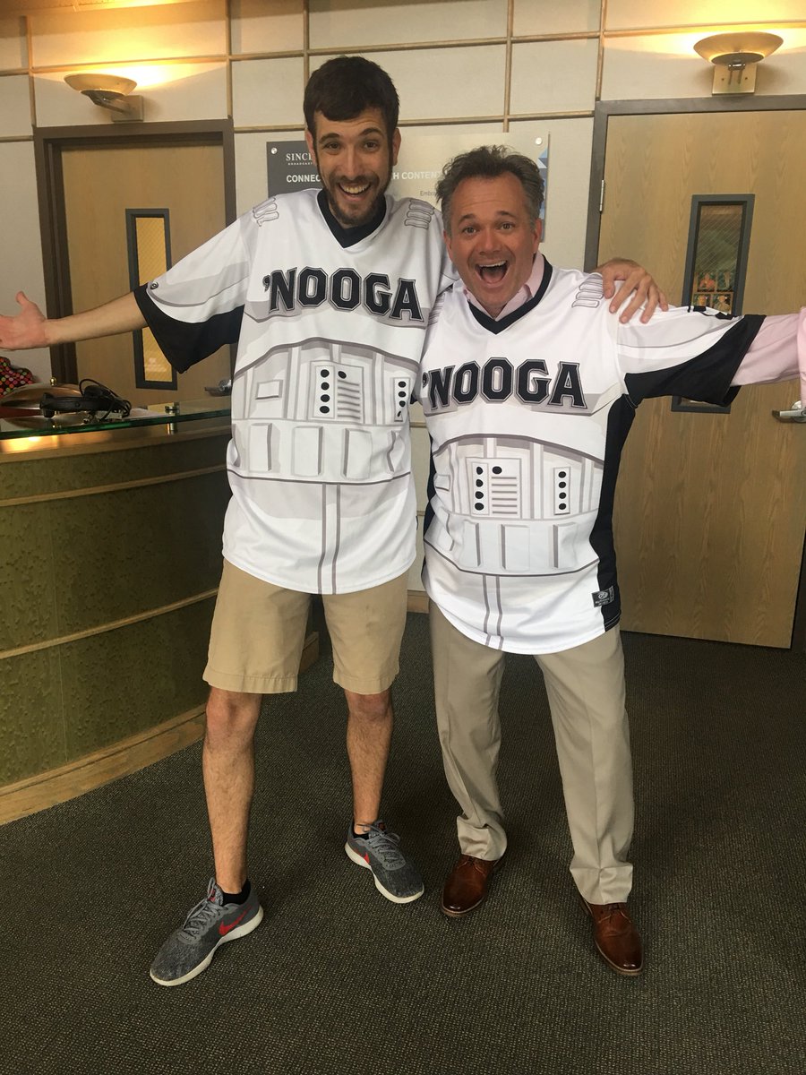 ThisNThatNC9's tweet photo. Showing off tomorrow nights special @ChattLookouts #jerseys all for the #hydrocephalusAssociation @HydroAssoc host #JamesHoward will be sporting it on the show at 12:30 today #stormtroopers https://t.co/OZIFzQ1Ng2 https://t.co/ocbcZxyx0t