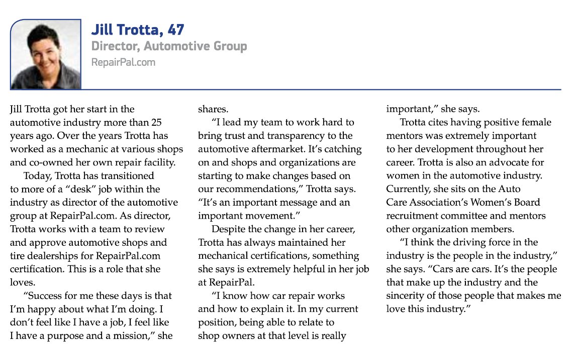 Tire_Review's tweet photo. Since being named a member of our 2016 class of Club 3633, @RepairPal_Jill has been promoted to be @RepairPal's senior dir. of sales &amp; industry advocacy. Her dedication to the industry is what we're looking for in our 2018 class. Nominate someone here=> https://t.co/6pegb2o50Z https://t.co/U626x4iFEf