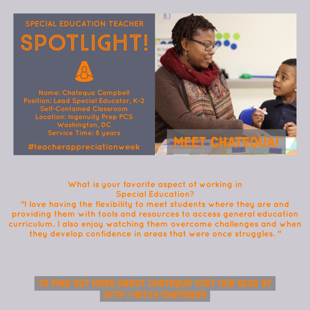 MindWorksCollab's tweet photo. We present our final Spotlight for Teacher Appreciation Week 2018: Chatequa Campbell! She is a Lead Special Education Teacher in a self-contained class at @IngenuityPrep in Washington, DC. Read more about her here: https://t.co/fuMEvUyBXn #teacherappreciationweek #SPEDSpotlight https://t.co/R2207WZHVS