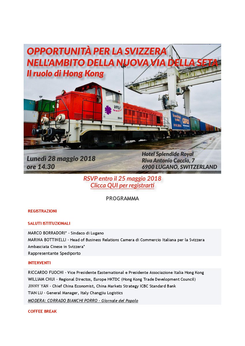 easternational's tweet photo. Vi ricordiamo l'iniziativa "Opportunità per la Svizzera nell'ambito della Nuova Via della Seta" che si svolgerà a #Lugano il 28 maggio 2018. Per le registrazioni collegarsi a https://t.co/oMQRPkob3k https://t.co/01fgkAi8Nr