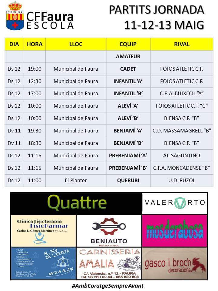 AjtFaura's tweet photo. ⚽ Partits del @faura_cf per a este cap de setmana. Vine a animar!! 👏👏
#AmbCoratgeSempreAvant #123Faura #ViuFaura https://t.co/DZ2lXtoy0z
