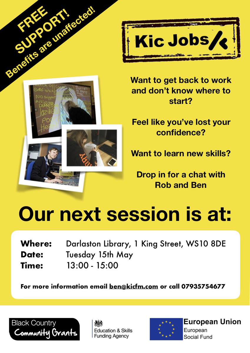 Want to get back to #work and don’t know where to start?

Feel like you’ve lost your #confidence?

Want to #learn new #skills?

Join Rob and Ben to find out how we can help on Tuesday 15th May at #Darlaston Library.

<a href="/WalsallCouncil/">Walsall Council</a> #EmploymentSupport