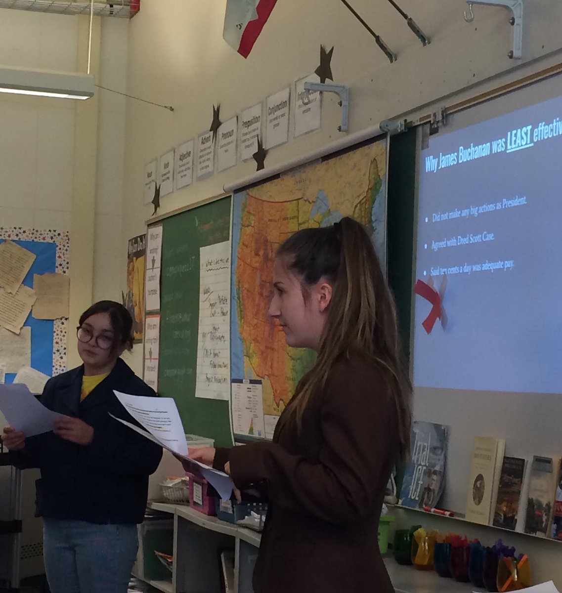 AlbaughB's tweet photo. Creative news talk show by my students that addressed all parts of the assignment AND made the best of analyzing the effectiveness of a really bad president! #WCIProud #History8 https://t.co/99SFLPaNOU