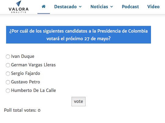 Por cuál de los siguientes candidatos a la Presicencia de Colombia votará?

<a href="/IvanDuque/">Iván Duque 🇨🇴</a> 
<a href="/German_Vargas/">Germán Vargas Lleras</a> 
<a href="/sergio_fajardo/">Sergio Fajardo</a> 
<a href="/DeLaCalleHum/">Humberto de la Calle</a> 

Vamos con sondeo #EleccionesColombia  en #ValoraAnalitik 

Invitados a votar en valoraanalitik.com