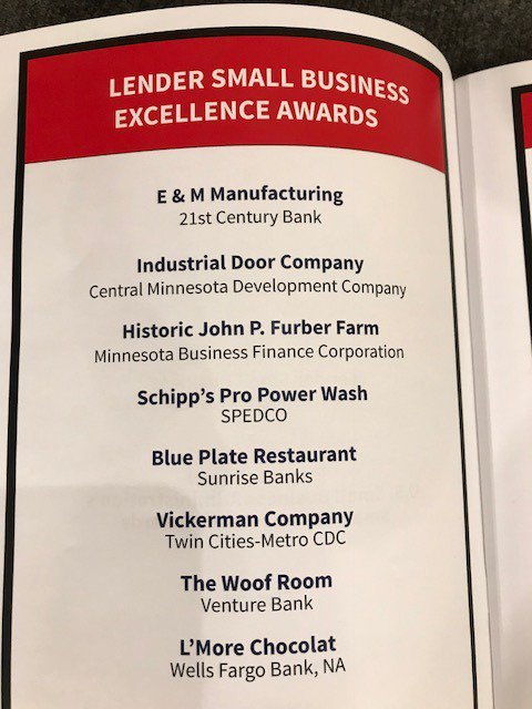 Congrats to <a href="/21stcbmpls/">21st Century Bank</a>, <a href="/SunriseBanks/">Sunrise Banks</a>, <a href="/VentureBankMN/">Venture Bank</a> &amp; <a href="/WellsFargo/">Wells Fargo</a> on receiving awards at the <a href="/SBAgov/">SBA</a> Small Business Week Awards Luncheon today!