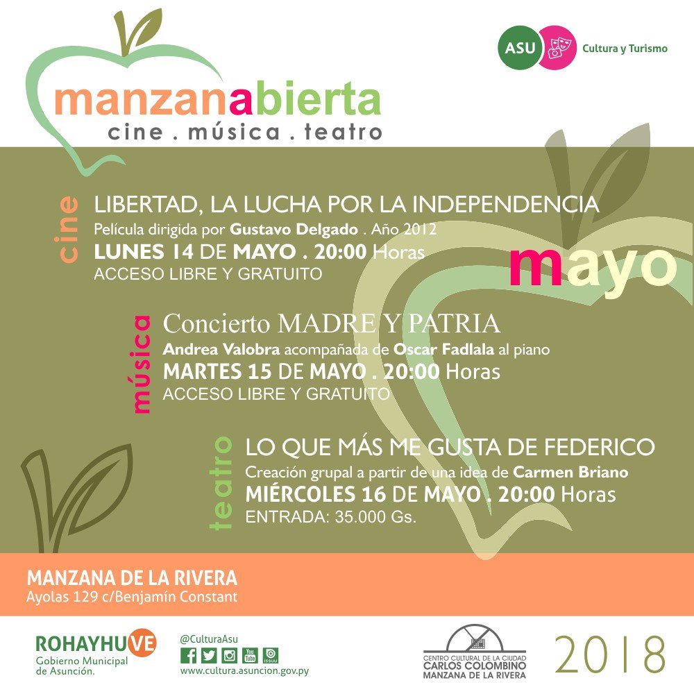 AsuncionMuni's tweet photo. #Agendá
Más propuestas para disfrutar de la ciudad durante estos días.
¡Celebramos a la patria y a las madres con mucha fiesta, color y diversión! https://t.co/gtUEjui8Gx