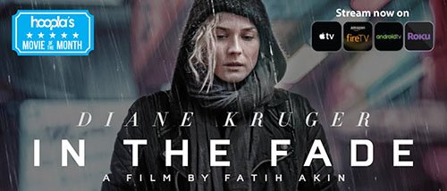 movie poster of actress walking in the rain wearing a black hoodie