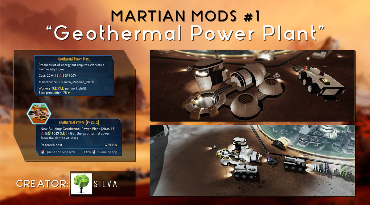 Surviving_PDX's tweet photo. Hi everyone!

Welcome to #1 episode of our semi-regular Martian Mods segment. :)

Today we feature "Geothermal Power Plant". A new energy producing building that also provides a small heated area. :)

It looks pretty sweet too!

Link to mod: https://t.co/nKIECSq4Fo https://t.co/K7u0sN1uN5