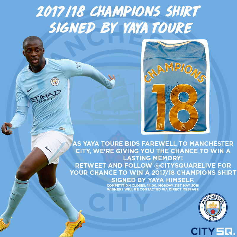 citysquarelive's tweet photo. 👕 Win a 2017/18 Champions shirt signed by Yaya Toure ✍️

As we bid farewell to Yaya Toure, we're giving you the chance to win a lasting memory... Retweet and Follow @CitySquareLive for your chance to win! 
#CityChampions #CitySquareLive #mancity https://t.co/lVrD4xLUot