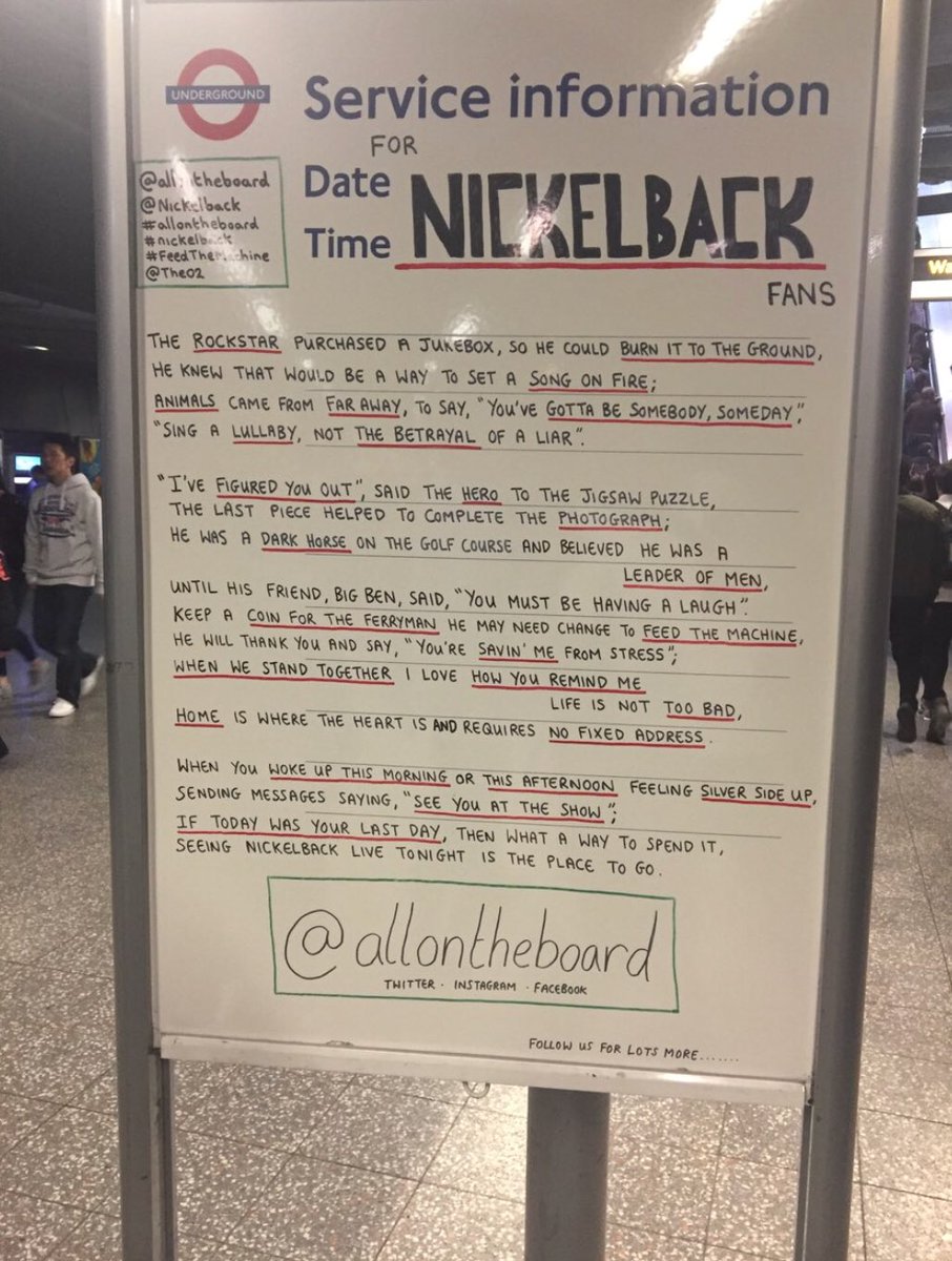Nickelback's tweet photo. Very well done @allontheboard  👏🏼. Love this! #allontheboard #NBUK #TheO2 https://t.co/OZgAgwm3mq
