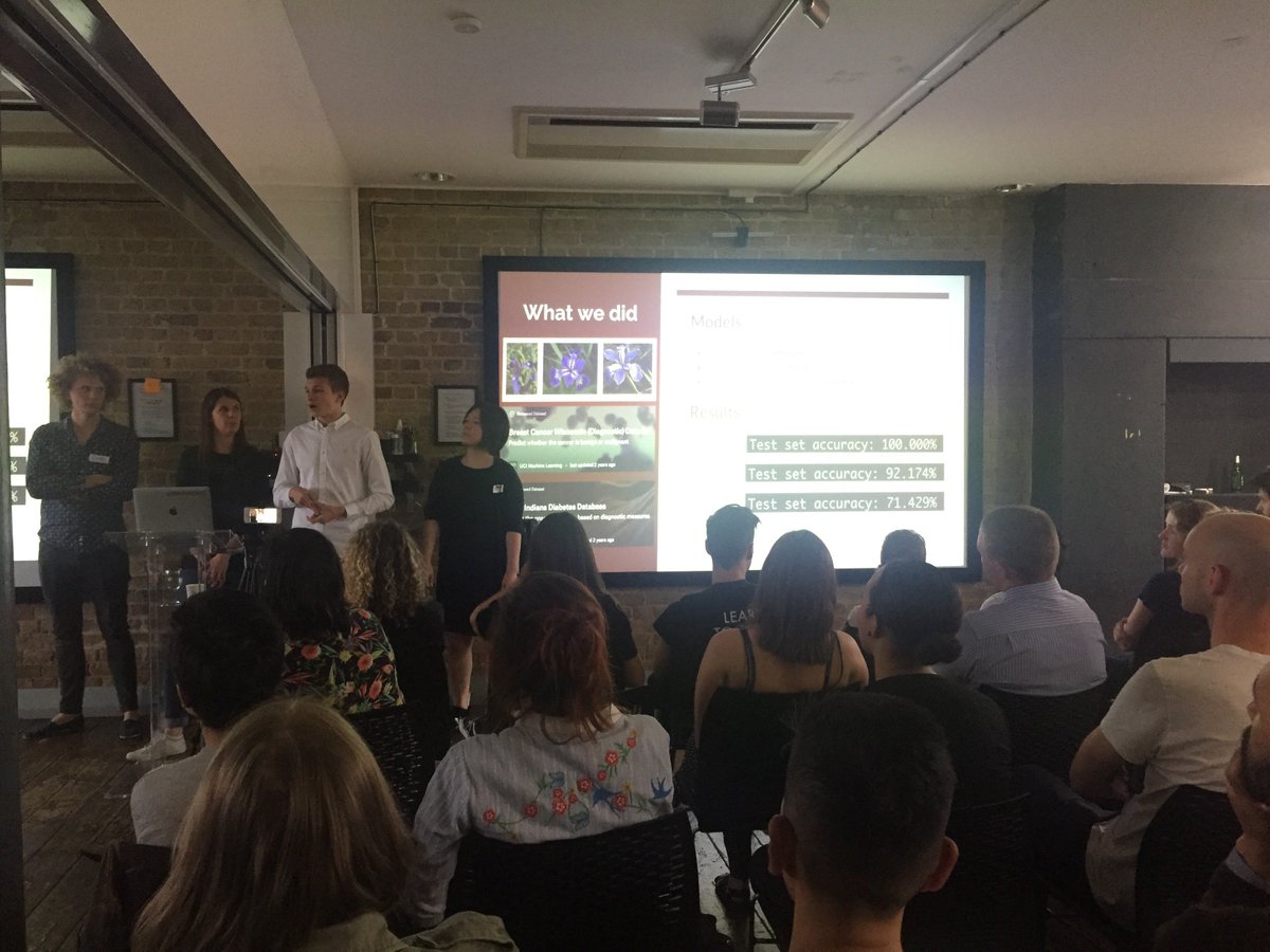 makersacademy's tweet photo. Closing the show its Team Iris. "We taught our bot to read 30 features of a tumour and work out if its cancerous or not with 92% accuracy" #HireAMaker #MeetTheMakers https://t.co/6RuYx0QVMl