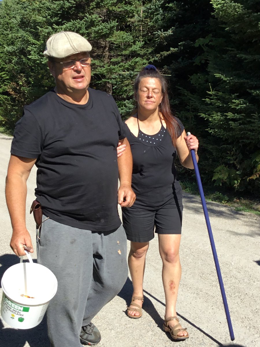 Milena holds her father's arm as he leads her towards the mushrooms they will pick together. Dan is holding a bucket that they hope to fill with fresh mushrooms and Milena holds her cane in the other hand. It is a beautiful bright sunny day as the two stroll along a gravel path that is littered with vibrant trees and shrubs.