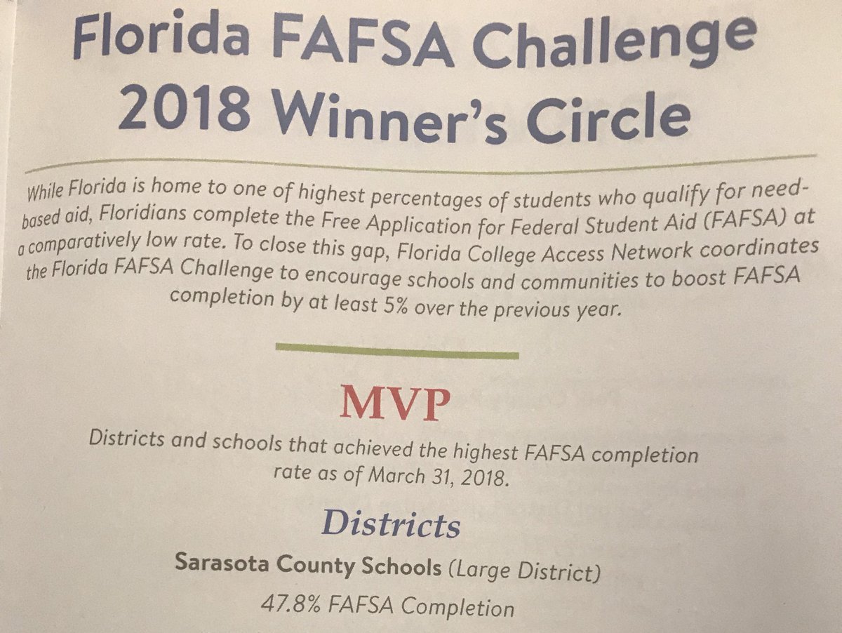 HollyBullardFL's tweet photo. .@sarasotaschools win #FAFSA ChallengeMVPAward(3rd yr/row!) #FCAN2018 StarConti&amp;PeniRiedinger w District accept award4community.ManateeReach&amp; @T4Tsarasota ready2 #CreateTheFuture @GSCC @UWSuncoast @careeredgefund @UnidosNow @EducationFdn @ManateeCF @FLCollegeAccess https://t.co/4yRnR1f0T0