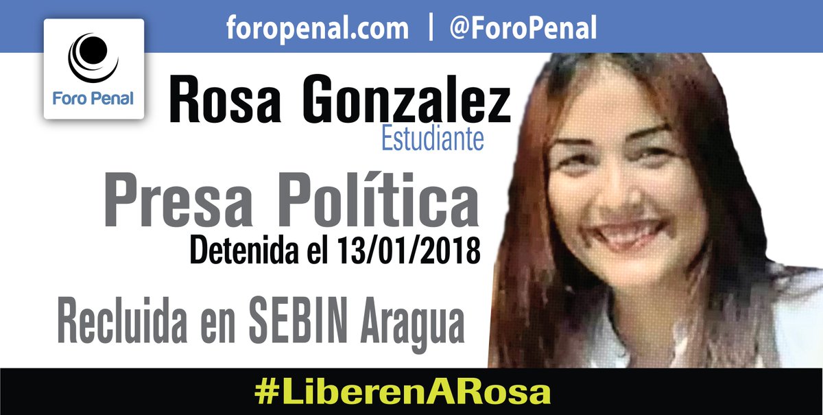 Retweeted Foro Penal (@ForoPenal):

Rosa Virginia González: privada de libertad por motivos políticos desde el 13/01/2018. #LiberenARosa  x.com/foropenal/stat…