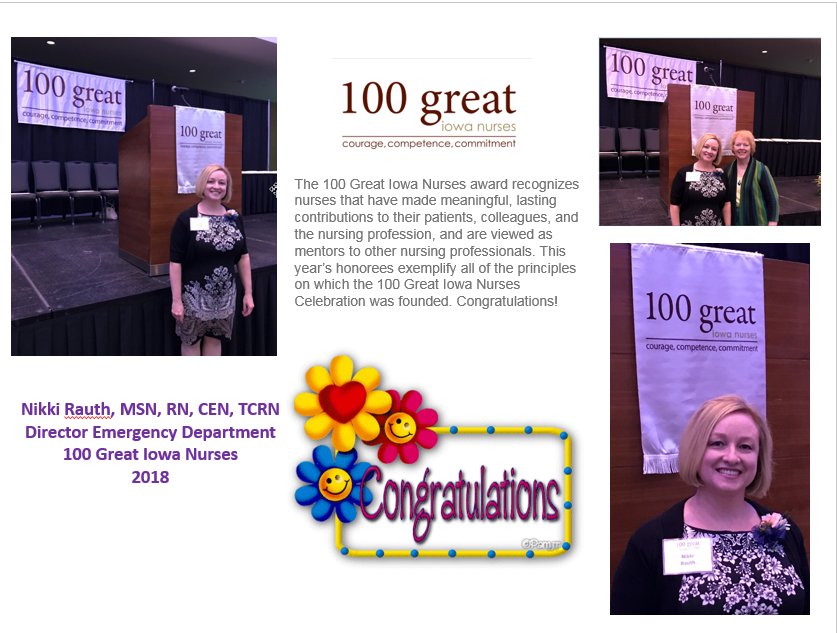 CHIhealth's tweet photo. Congratulations to Nikki Rauth, director of the emergency department at #CHIHealth Mercy Council Bluffs, who was honored as one of 100 Great Iowa Nurses. So glad to have you a part of the Mercy team Nikki! #TeamMercy #IowaNurses #NursesWeek https://t.co/UXrGpvioOO