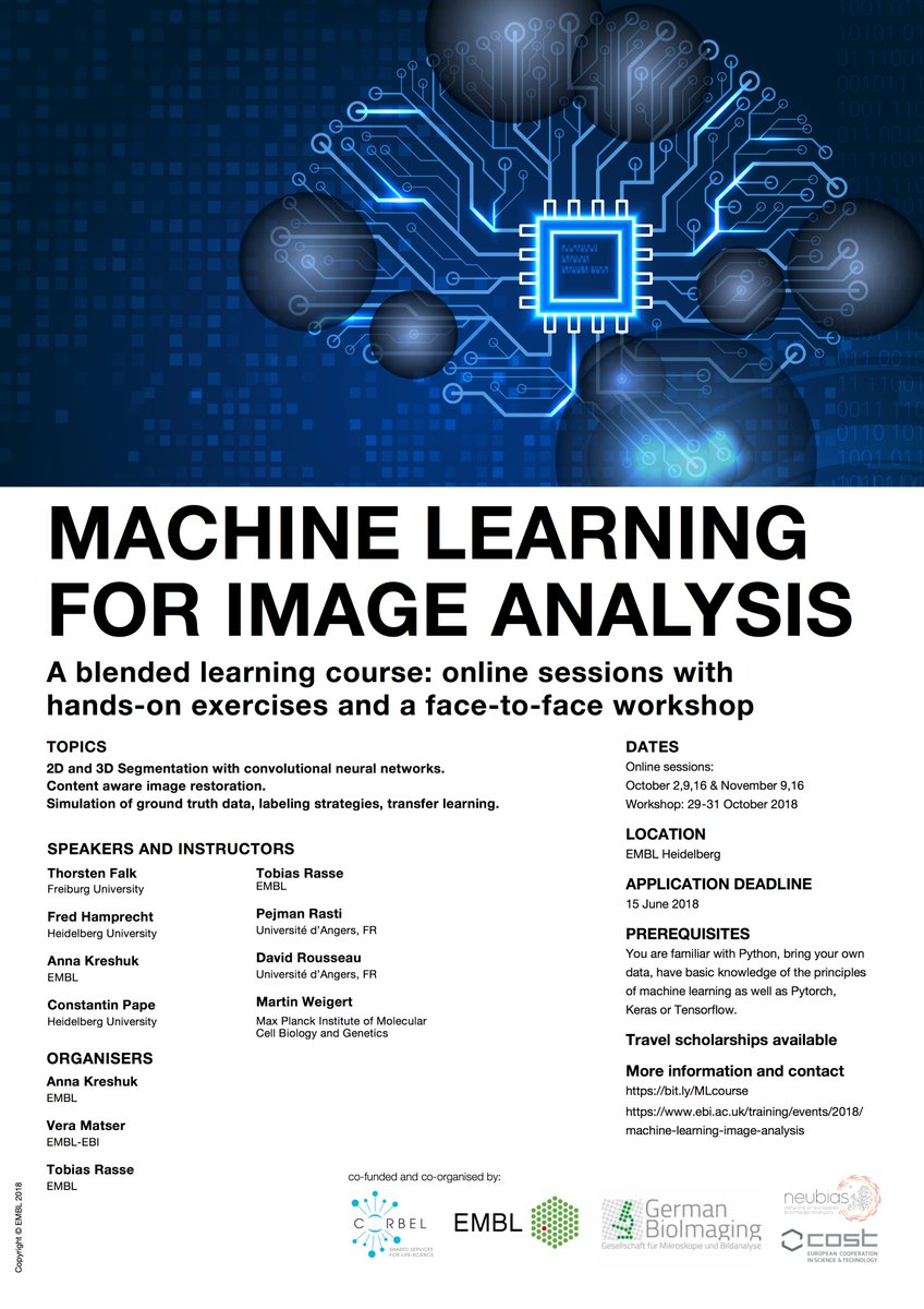 A great joint blended learning course on #MachineLearning for Image Analysis co-organized by @CORBEL_eu, @embl, German BioImaging and @NEUBIAS_COST October 2018, EMBL Heidelberg
eubias.org/NEUBIAS/2018/0…