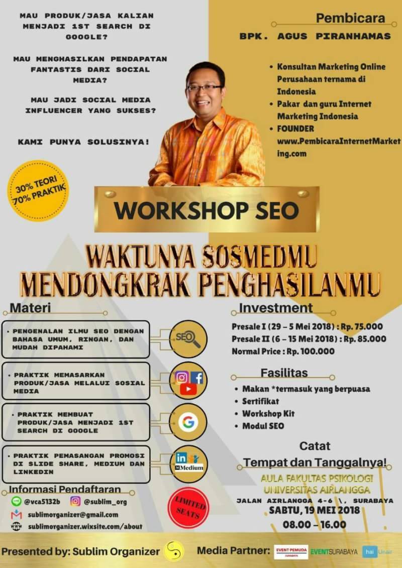 yogatama12's tweet photo. Bukan sekedar seminar SEO, tapi WORKSHOP loh!!!!
#workshopseo #seminarseo #bisnis #online #bisnisonline #aguspiranhamas #SURABAYA #sidoarjo #gresik #tokopedia #bukalapak #event2018 #seminarbisnisonline #RevolusiIndustriIndonesia #marketing #OnlineMarketing https://t.co/siinCkQ2sT