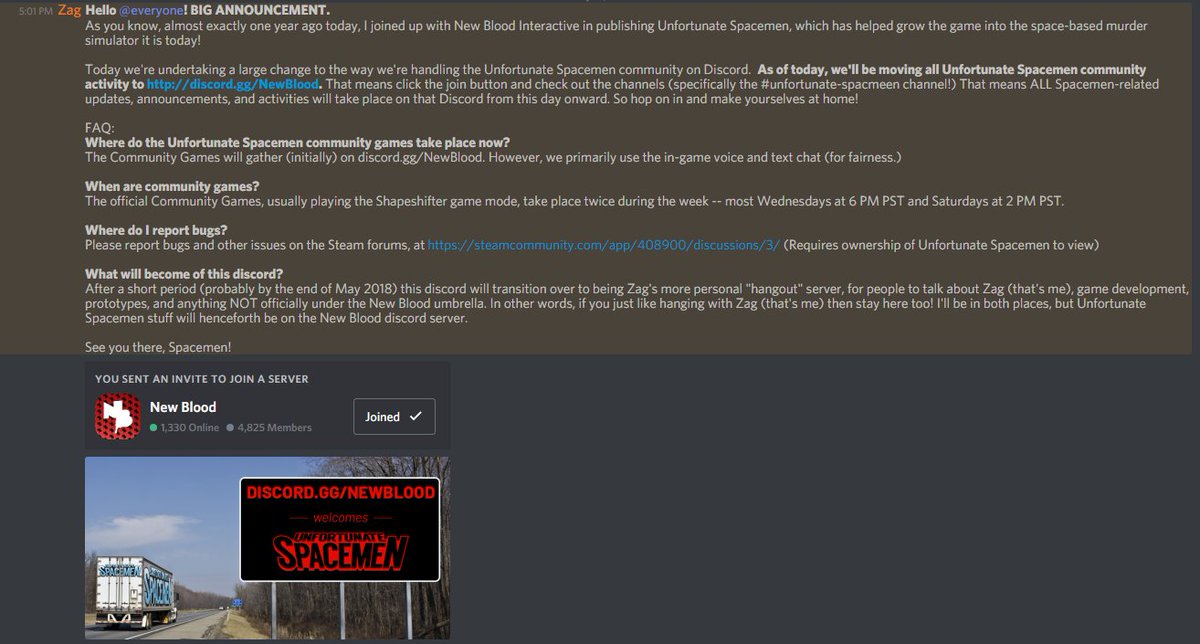 We're making a pretty substantial change to where the <a href="/UnfortSpacemen/">Unfortunate Spacemen</a> community resides, and moving all Spacemen-related activity over to discord.gg/NewBlood. 

Please view the attached image for details &amp; FAQ.