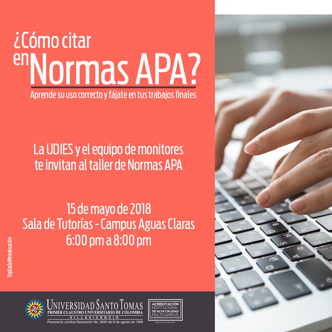 SantotoVillavo's tweet photo. Queremos que no te atormentes citando en normas APA, asiste el 15 de mayo a este taller organizado por UDIES y saca de la mejor manera todos tus trabajos finales.
Te esperamos en la sala de tutorías de 6:00 P.M. a 8:00 P.M.
#ModoTomasino
#SantotoVillavo https://t.co/XtmqCeNC7Q