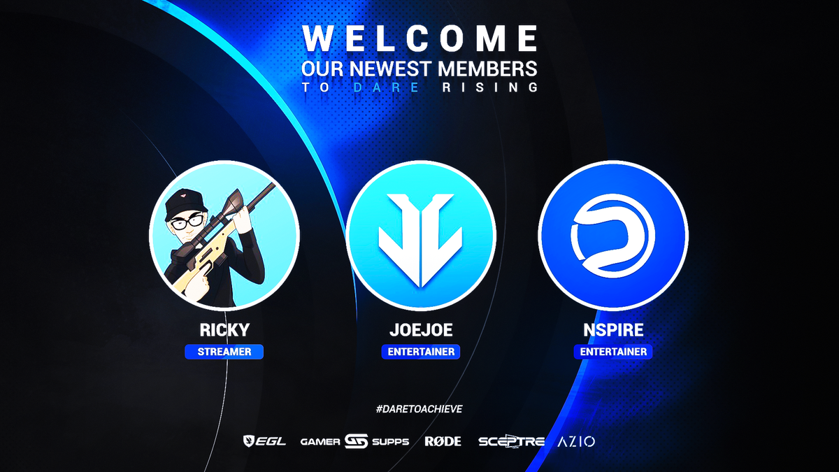 DareRising's tweet photo. Welcome the newest members of DareRising! 🎉

🔹 @TwitchTvRickyy / Dare Ricky 
🔹 @ItsCallMeJoeJoe / Dare JoeJoe
🔹 @NorthNspire / Dare Nspire

#DareToAchieve https://t.co/cBcmoB7mJ5