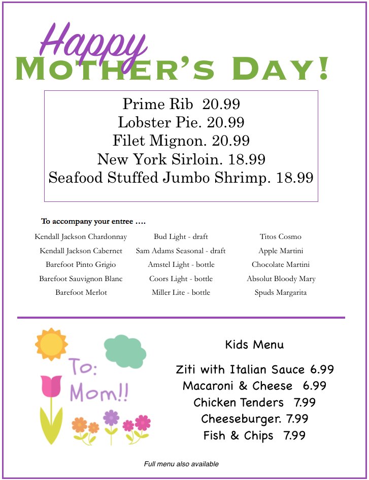 Spudsrestaurant's tweet photo. Look to Spuds for you Mother's Day dinner! #HappyMothersDay #SpudsRestaurant https://t.co/X4NgrDROX7