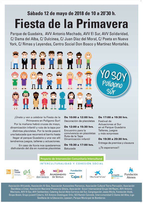 poligono_sur's tweet photo. No te pierdas mañana sábado la Fiesta de la Primavera #PrimaveraSur!! Por la mañana en las calles y plazas, disfrutando de juegos y de la ruta de la tapa. Y por la tarde, siguiendo la senda de nuestra batucada, llegaremos al Parque Guadaíra!!
https://t.co/mJQGOrh2ss https://t.co/MBe5BdTbZK
