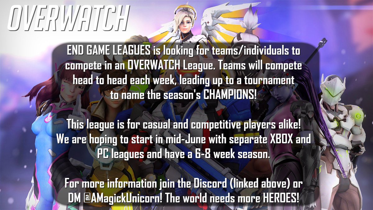 MoonshotArcade's tweet photo. Any @PlayOverwatch player/teams out there for Xbox or PC? @endgameleagues is starting a league for casual or competitive players. Just trying to gauge interest at this point. Join the Discord to be updated as more information is released: https://t.co/ukScHgn1Gl https://t.co/mNzbSAEXW2