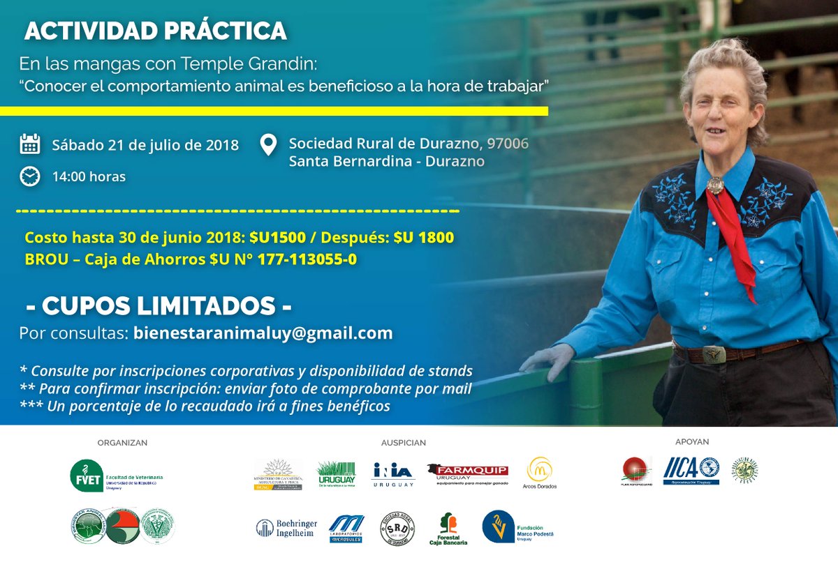 fvetuy's tweet photo. La experta en Bienestar Animal Temple Grandin, llega en julio a Uruguay y estará presente en dos actividades - Los cupos son limitados

@MGAPUruguay @INIA_UY @PlanAgro @IICA_Uruguay @LabMicrosules 

➡️Por inscripciones y más información ingrese aquí https://t.co/KCPJuwF71y https://t.co/qPjjc2lhpt
